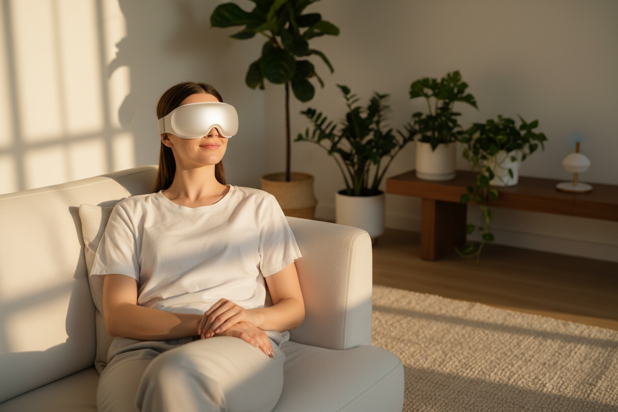 Woman relaxing with smart heated eye massager