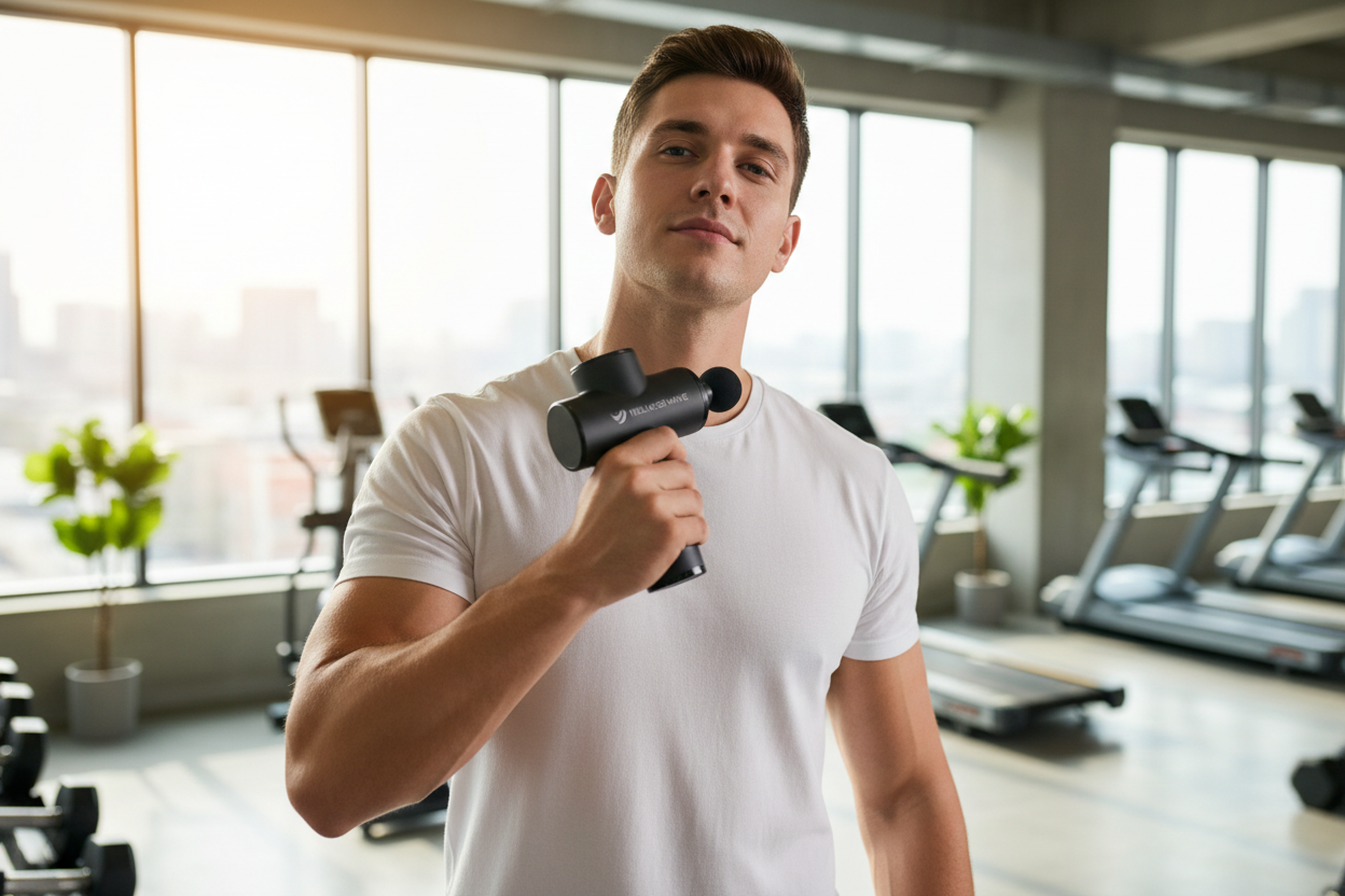 Man using mini fascia gun after workout