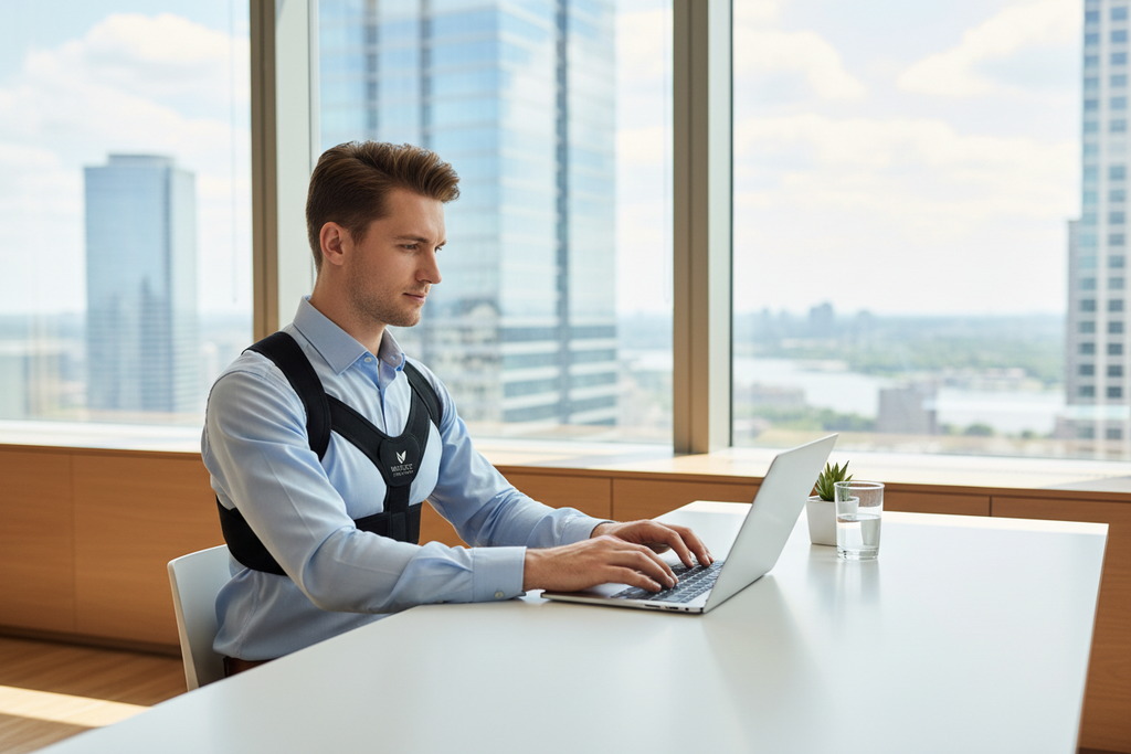 Man wearing posture corrector at office desk
